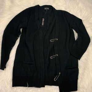 NWT Dolls Kill x Current Mood Black Cardigan Large Safety Pin Sweater Sz L